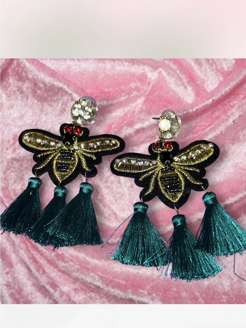 Embroidered Bee Tassel Earrings